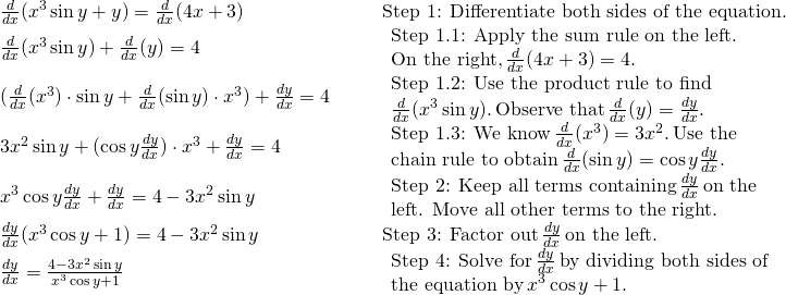 Rendered by QuickLaTeX.com \begin{array}{llll}\frac{d}{dx}(x^3 \sin y+y) = \frac{d}{dx}(4x+3) & & & \text{Step 1: Differentiate both sides of the equation.} \\ \frac{d}{dx}(x^3 \sin y)+\frac{d}{dx}(y) = 4 & & & \begin{array}{l}\text{Step 1.1: Apply the sum rule on the left.} \\ \text{On the right,} \, \frac{d}{dx}(4x+3)=4. \end{array} \\ (\frac{d}{dx}(x^3) \cdot \sin y+\frac{d}{dx}(\sin y) \cdot x^3) + \frac{dy}{dx} = 4 & & & \begin{array}{l}\text{Step 1.2: Use the product rule to find} \\ \frac{d}{dx}(x^3 \sin y). \, \text{Observe that} \, \frac{d}{dx}(y)=\frac{dy}{dx}. \end{array} \\ 3x^2 \sin y+(\cos y\frac{dy}{dx}) \cdot x^3 + \frac{dy}{dx} = 4 & & & \begin{array}{l}\text{Step 1.3: We know} \, \frac{d}{dx}(x^3)=3x^2. \, \text{Use the} \\ \text{chain rule to obtain} \, \frac{d}{dx}(\sin y)= \cos y\frac{dy}{dx}. \end{array} \\ x^3 \cos y\frac{dy}{dx}+\frac{dy}{dx} = 4-3x^2 \sin y & & & \begin{array}{l}\text{Step 2: Keep all terms containing} \, \frac{dy}{dx} \, \text{on the} \\ \text{left. Move all other terms to the right.} \end{array} \\ \frac{dy}{dx}(x^3 \cos y+1) = 4-3x^2 \sin y & & & \text{Step 3: Factor out} \, \frac{dy}{dx} \, \text{on the left.} \\ \frac{dy}{dx} = \large \frac{4-3x^2 \sin y}{x^3 \cos y+1} & & & \begin{array}{l}\text{Step 4: Solve for} \, \frac{dy}{dx} \, \text{by dividing both sides of} \\ \text{the equation by} \, x^3 \cos y+1. \end{array} \end{array}
