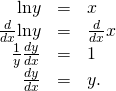 Rendered by QuickLaTeX.com \begin{array}{ccc}\hfill \text{ln}y& =\hfill & x\hfill \\ \hfill \frac{d}{dx}\text{ln}y& =\hfill & \frac{d}{dx}x\hfill \\ \hfill \frac{1}{y}\frac{dy}{dx}& =\hfill & 1\hfill \\ \hfill \frac{dy}{dx}& =\hfill & y.\hfill \end{array}