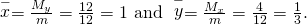 Rendered by QuickLaTeX.com \stackrel{-}{x}=\frac{{M}_{y}}{m}=\frac{12}{12}=1\text{ and }\stackrel{-}{y}=\frac{{M}_{x}}{m}=\frac{4}{12}=\frac{1}{3}.