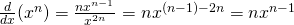 Rendered by QuickLaTeX.com \frac{d}{dx}(x^{−n})=\frac{−nx^{n-1}}{x^{2n}}=−nx^{(n-1)-2n}=−nx^{−n-1}