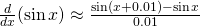 Rendered by QuickLaTeX.com \frac{d}{dx}(\sin x)\approx \frac{\sin(x+0.01)-\sin x}{0.01}