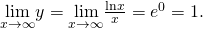 Rendered by QuickLaTeX.com \underset{x\to \infty }{\text{lim}}y=\underset{x\to \infty }{\text{lim}}\frac{\text{ln}x}{x}={e}^{0}=1.