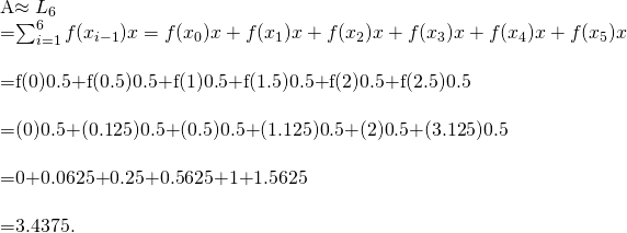Rendered by QuickLaTeX.com \begin{array}{}\\ \\ A\approx {L}_{6}\hfill & =\sum _{i=1}^{6}f({x}_{i-1})\text{Δ}x=f({x}_{0})\text{Δ}x+f({x}_{1})\text{Δ}x+f({x}_{2})\text{Δ}x+f({x}_{3})\text{Δ}x+f({x}_{4})\text{Δ}x+f({x}_{5})\text{Δ}x\hfill \\ & =f(0)0.5+f(0.5)0.5+f(1)0.5+f(1.5)0.5+f(2)0.5+f(2.5)0.5\hfill \\ & =(0)0.5+(0.125)0.5+(0.5)0.5+(1.125)0.5+(2)0.5+(3.125)0.5\hfill \\ & =0+0.0625+0.25+0.5625+1+1.5625\hfill \\ & =3.4375.\hfill \end{array}
