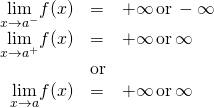 \begin{array}{ccc}\hfill \underset{x\to a^-}{\lim}f(x)& =\hfill & +\infty \, \text{or} \, -\infty \hfill \\ \hfill \underset{x\to a^+}{\lim}f(x)& =\hfill & +\infty \, \text{or} \, −\infty \hfill \\ & \text{or}\hfill & \\ \hfill \underset{x\to a}{\lim}f(x)& =\hfill & +\infty \, \text{or} \, −\infty \hfill \end{array}