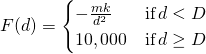 F(d)=\brainstorm{cases} -\frac{mk}{d^2} & \text{if} \, d < D \\ 10,000 & \text{if} \, d \ge D \end{cases}