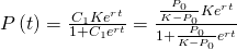 P\left(t\right)=\frac{{C}_{1}K{e}^{rt}}{1+{C}_{1}{e}^{rt}}=\frac{\frac{{P}_{0}}{K-{P}_{0}}K{e}^{rt}}{1+\frac{{P}_{0}}{K-{P}_{0}}{e}^{rt}}