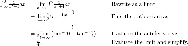 \begin{array}{ccccc}\hfill {\int }_{\text{−}\infty }^{0}\frac{1}{{x}^{2}+4}dx& =\underset{x\to \text{−}\infty }{\text{lim}}{\int }_{t}^{0}\frac{1}{{x}^{2}+4}dx\hfill & & & \text{Rewrite as a limit.}\hfill \\ & =\underset{t\to \text{−}\infty }{\text{lim}}\frac{1}{2}{\text{tan}}^{-1}\frac{x}{2}|{}_{\begin{array}{c}\\ t\end{array}}^{\begin{array}{c}0\\ \end{array}}\hfill & & & \text{Find the antiderivative.}\hfill \\ & =\frac{1}{2}\underset{t\to \text{−}\infty }{\text{lim}}\left({\text{tan}}^{-1}0-{\text{tan}}^{-1}\frac{t}{2}\right)\hfill & & & \text{Evaluate the antiderivative.}\hfill \\ & =\frac{\pi }{4}.\hfill & & & \text{Evaluate the limit and simplify.}\hfill \end{array}