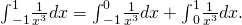 {\int }_{-1}^{1}\frac{1}{{x}^{3}}dx={\int }_{-1}^{0}\frac{1}{{x}^{3}}dx+{\int }_{0}^{1}\frac{1}{{x}^{3}}dx.