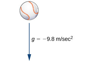 A picture of a baseball with an arrow underneath it pointing down. The arrow is labeled g = -9.8 m/sec ^ 2.