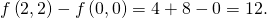 Rendered by QuickLaTeX.com f\left(2,2\right)-f\left(0,0\right)=4+8-0=12.