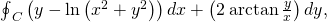 {\oint }_{C}\left(y-\text{ln}\left({x}^{2}+{y}^{2}\right)\right)dx+\left(2\phantom{\rule{0.2em}{0ex}}\text{arctan}\phantom{\rule{0.2em}{0ex}}\frac{y}{x}\right)dy,
