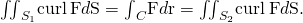 Rendered by QuickLaTeX.com {\iint }_{{S}_{1}}\text{curl}\phantom{\rule{0.2em}{0ex}}\text{F}·d\text{S}={\int }_{C}\text{F}·d\text{r}={\iint }_{{S}_{2}}\text{curl}\phantom{\rule{0.2em}{0ex}}\text{F}·d\text{S}.