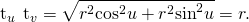 Rendered by QuickLaTeX.com ‖{\text{t}}_{u}\phantom{\rule{0.2em}{0ex}}×\phantom{\rule{0.2em}{0ex}}{\text{t}}_{v}‖=\sqrt{{r}^{2}{\text{cos}}^{2}u+{r}^{2}{\text{sin}}^{2}u}=r.