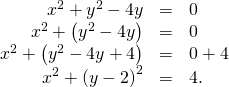 Rendered by QuickLaTeX.com \begin{array}{ccc}\hfill {x}^{2}+{y}^{2}-4y& =\hfill & 0\hfill \\ \hfill {x}^{2}+\left({y}^{2}-4y\right)& =\hfill & 0\hfill \\ \hfill {x}^{2}+\left({y}^{2}-4y+4\right)& =\hfill & 0+4\hfill \\ \hfill {x}^{2}+{\left(y-2\right)}^{2}& =\hfill & 4.\hfill \end{array}