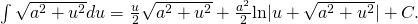Rendered by QuickLaTeX.com \int \sqrt{{a}^{2}+{u}^{2}}du=\frac{u}{2}\sqrt{{a}^{2}+{u}^{2}}+\frac{{a}^{2}}{2}\text{ln}|u+\sqrt{{a}^{2}+{u}^{2}}|+C.