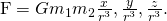 Rendered by QuickLaTeX.com \text{F}=\text{−}G{m}_{1}{m}_{2}〈\frac{x}{{r}^{3}},\frac{y}{{r}^{3}},\frac{z}{{r}^{3}}〉.