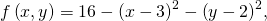 Rendered by QuickLaTeX.com f\left(x,y\right)=16-{\left(x-3\right)}^{2}-{\left(y-2\right)}^{2},