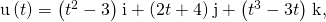 Rendered by QuickLaTeX.com \text{u}\left(t\right)=\left({t}^{2}-3\right)\phantom{\rule{0.1em}{0ex}}\text{i}+\left(2t+4\right)\phantom{\rule{0.1em}{0ex}}\text{j}+\left({t}^{3}-3t\right)\phantom{\rule{0.1em}{0ex}}\text{k},
