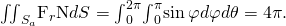 Rendered by QuickLaTeX.com {\iint }_{{S}_{a}}{\text{F}}_{r}·\text{N}dS={\int }_{0}^{2\pi }{\int }_{0}^{\pi }\text{sin}\phantom{\rule{0.2em}{0ex}}\varphi d\varphi d\theta =4\pi .