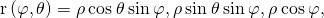 Rendered by QuickLaTeX.com \text{r}\left(\varphi ,\theta \right)=〈\rho \phantom{\rule{0.2em}{0ex}}\text{cos}\phantom{\rule{0.2em}{0ex}}\theta \phantom{\rule{0.2em}{0ex}}\text{sin}\phantom{\rule{0.2em}{0ex}}\varphi ,\rho \phantom{\rule{0.2em}{0ex}}\text{sin}\phantom{\rule{0.2em}{0ex}}\theta \phantom{\rule{0.2em}{0ex}}\text{sin}\phantom{\rule{0.2em}{0ex}}\varphi ,\rho \phantom{\rule{0.2em}{0ex}}\text{cos}\phantom{\rule{0.2em}{0ex}}\varphi 〉,