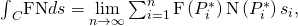 Rendered by QuickLaTeX.com {\int }_{C}\text{F}·\text{N}ds=\underset{n\to \infty }{\text{lim}}\sum _{i=1}^{n}\text{F}\left({P}_{i}^{*}\right)·\text{N}\left({P}_{i}^{*}\right)\text{Δ}{s}_{i},