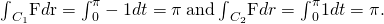 Rendered by QuickLaTeX.com {\int }_{{C}_{1}}\text{F}·d\text{r}={\int }_{0}^{\pi }-1dt=\text{−}\pi \phantom{\rule{0.2em}{0ex}}\text{and}\phantom{\rule{0.2em}{0ex}}{\int }_{{C}_{2}}\text{F}·dr={\int }_{0}^{\pi }1dt=\pi .