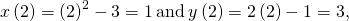 Rendered by QuickLaTeX.com x\left(2\right)={\left(2\right)}^{2}-3=1\phantom{\rule{0.2em}{0ex}}\text{and}\phantom{\rule{0.2em}{0ex}}y\left(2\right)=2\left(2\right)-1=3,