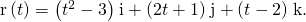 Rendered by QuickLaTeX.com \text{r}\left(t\right)=\left({t}^{2}-3\right)\phantom{\rule{0.1em}{0ex}}\text{i}+\left(2t+1\right)\phantom{\rule{0.1em}{0ex}}\text{j}+\left(t-2\right)\phantom{\rule{0.1em}{0ex}}\text{k}.