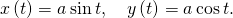 Rendered by QuickLaTeX.com x\left(t\right)=\text{−}a\phantom{\rule{0.2em}{0ex}}\text{sin}\phantom{\rule{0.2em}{0ex}}t,\phantom{\rule{1em}{0ex}}y\left(t\right)=\text{−}a\phantom{\rule{0.2em}{0ex}}\text{cos}\phantom{\rule{0.2em}{0ex}}t.