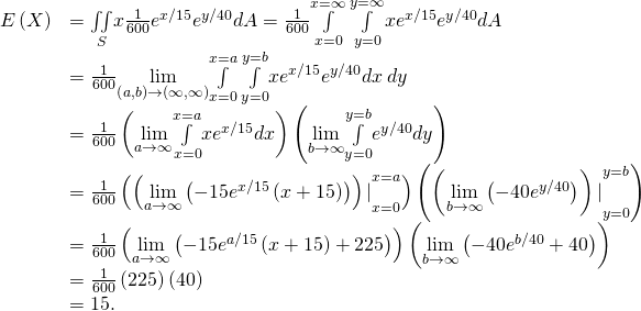 Rendered by QuickLaTeX.com \begin{array}{cc}\hfill E\left(X\right)& =\underset{S}{\iint }x\frac{1}{600}{e}^{\text{−}x\text{/}15}{e}^{\text{−}y\text{/}40}dA=\frac{1}{600}\underset{x=0}{\overset{x=\infty }{\int }}\phantom{\rule{0.2em}{0ex}}\underset{y=0}{\overset{y=\infty }{\int }}x{e}^{\text{−}x\text{/}15}{e}^{\text{−}y\text{/}40}dA\hfill \\ & =\frac{1}{600}\underset{\left(a,b\right)\to \left(\infty ,\infty \right)}{\text{lim}}\underset{x=0}{\overset{x=a}{\int }}\phantom{\rule{0.2em}{0ex}}\underset{y=0}{\overset{y=b}{\int }}x{e}^{\text{−}x\text{/}15}{e}^{\text{−}y\text{/}40}dx\phantom{\rule{0.2em}{0ex}}dy\hfill \\ & =\frac{1}{600}\left(\underset{a\to \infty }{\text{lim}}\underset{x=0}{\overset{x=a}{\int }}x{e}^{\text{−}x\text{/}15}dx\right)\left(\underset{b\to \infty }{\text{lim}}\underset{y=0}{\overset{y=b}{\int }}{e}^{\text{−}y\text{/}40}dy\right)\hfill \\ & =\frac{1}{600}\left({\left(\underset{a\to \infty }{\text{lim}}\left(-15{e}^{\text{−}x\text{/}15}\left(x+15\right)\right)\right)|}_{x=0}^{x=a}\right)\left({\left(\underset{b\to \infty }{\text{lim}}\left(-40{e}^{\text{−}y\text{/}40}\right)\right)|}_{y=0}^{y=b}\right)\hfill \\ & =\frac{1}{600}\left(\underset{a\to \infty }{\text{lim}}\left(-15{e}^{\text{−}a\text{/}15}\left(x+15\right)+225\right)\right)\left(\underset{b\to \infty }{\text{lim}}\left(-40{e}^{\text{−}b\text{/}40}+40\right)\right)\hfill \\ & =\frac{1}{600}\left(225\right)\left(40\right)\hfill \\ & =15.\hfill \end{array}