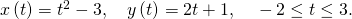 Rendered by QuickLaTeX.com x\left(t\right)={t}^{2}-3,\phantom{\rule{1em}{0ex}}y\left(t\right)=2t+1,\phantom{\rule{1em}{0ex}}-2\le t\le 3.
