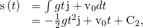 Rendered by QuickLaTeX.com \begin{array}{cc}\hfill \text{s}\left(t\right)& =\int \text{−}gt\phantom{\rule{0.1em}{0ex}}\text{j}+{\text{v}}_{0}dt\hfill \\ & =-\frac{1}{2}g{t}^{2}\text{j}+{\text{v}}_{0}t+{\text{C}}_{2},\hfill \end{array}