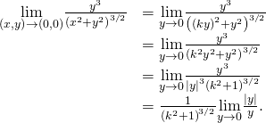 Rendered by QuickLaTeX.com \begin{array}{cc}\hfill \underset{\left(x,y\right)\to \left(0,0\right)}{\text{lim}}\frac{{y}^{3}}{{\left({x}^{2}+{y}^{2}\right)}^{3\text{/}2}}& =\underset{y\to 0}{\text{lim}}\frac{{y}^{3}}{{\left({\left(ky\right)}^{2}+{y}^{2}\right)}^{3\text{/}2}}\hfill \\ & =\underset{y\to 0}{\text{lim}}\frac{{y}^{3}}{{\left({k}^{2}{y}^{2}+{y}^{2}\right)}^{3\text{/}2}}\hfill \\ & =\underset{y\to 0}{\text{lim}}\frac{{y}^{3}}{{|y|}^{3}{\left({k}^{2}+1\right)}^{3\text{/}2}}\hfill \\ & =\frac{1}{{\left({k}^{2}+1\right)}^{3\text{/}2}}\underset{y\to 0}{\text{lim}}\frac{|y|}{y}.\hfill \end{array}