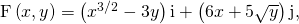\text{F}\left(x,y\right)=\left({x}^{3\text{/}2}-3y\right)\text{i}+\left(6x+5\sqrt{y}\right)\text{j},