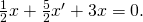 Rendered by QuickLaTeX.com \frac{1}{2}x\text{″}+\frac{5}{2}{x}^{\prime }+3x=0.