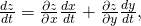 Rendered by QuickLaTeX.com \frac{dz}{dt}=\frac{\partial z}{\partial x}·\frac{dx}{dt}+\frac{\partial z}{\partial y}·\frac{dy}{dt},