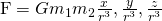 Rendered by QuickLaTeX.com \text{F}=\text{−}G{m}_{1}{m}_{2}〈\frac{x}{{r}^{3}},\frac{y}{{r}^{3}},\frac{z}{{r}^{3}}〉