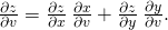 Rendered by QuickLaTeX.com \frac{\partial z}{\partial v}=\frac{\partial z}{\partial x}\phantom{\rule{0.2em}{0ex}}\frac{\partial x}{\partial v}+\frac{\partial z}{\partial y}\phantom{\rule{0.2em}{0ex}}\frac{\partial y}{\partial v}.