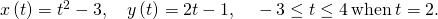 Rendered by QuickLaTeX.com x\left(t\right)={t}^{2}-3,\phantom{\rule{1em}{0ex}}y\left(t\right)=2t-1,\phantom{\rule{1em}{0ex}}-3\le t\le 4\phantom{\rule{0.2em}{0ex}}\text{when}\phantom{\rule{0.2em}{0ex}}t=2.