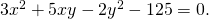 Rendered by QuickLaTeX.com 3{x}^{2}+5xy-2{y}^{2}-125=0.