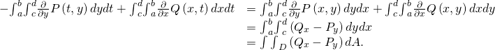 Rendered by QuickLaTeX.com \begin{array}{cc}\hfill -{\int }_{a}^{b}{\int }_{c}^{d}\frac{\partial }{\partial y}P\left(t,y\right)dydt+{\int }_{c}^{d}{\int }_{a}^{b}\frac{\partial }{\partial x}Q\left(x,t\right)dxdt& =\text{−}{\int }_{a}^{b}{\int }_{c}^{d}\frac{\partial }{\partial y}P\left(x,y\right)dydx+{\int }_{c}^{d}{\int }_{a}^{b}\frac{\partial }{\partial x}Q\left(x,y\right)dxdy\hfill \\ & ={\int }_{a}^{b}{\int }_{c}^{d}\left({Q}_{x}-{P}_{y}\right)dydx\hfill \\ & =\int {\int }_{D}\left({Q}_{x}-{P}_{y}\right)dA.\hfill \end{array}
