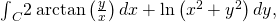 {\int }_{C}^{}2\phantom{\rule{0.2em}{0ex}}\text{arctan}\left(\frac{y}{x}\right)dx+\text{ln}\left({x}^{2}+{y}^{2}\right)dy,
