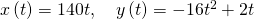 Rendered by QuickLaTeX.com x\left(t\right)=140t,\phantom{\rule{1em}{0ex}}y\left(t\right)=-16{t}^{2}+2t