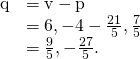Rendered by QuickLaTeX.com \begin{array}{cc}\hfill \text{q}& =\text{v}-\text{p}\hfill \\ & =〈6,-4〉-〈\frac{21}{5},\frac{7}{5}〉\hfill \\ & =〈\frac{9}{5},-\frac{27}{5}〉.\hfill \end{array}