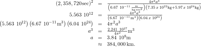 Rendered by QuickLaTeX.com \begin{array}{ccc}\hfill {\left(2,358,720\phantom{\rule{0.1em}{0ex}}\text{sec}\right)}^{2}& =\hfill & \frac{4{\pi }^{2}{a}^{3}}{\left(6.67\phantom{\rule{0.2em}{0ex}}×\phantom{\rule{0.2em}{0ex}}{10}^{-11}\phantom{\rule{0.1em}{0ex}}\frac{{\text{m}}^{\phantom{\rule{0.2em}{0ex}}}}{\text{kg}·\phantom{\rule{0.1em}{0ex}}{\text{sec}}^{2}}\right)\left(7.35\phantom{\rule{0.2em}{0ex}}x\phantom{\rule{0.2em}{0ex}}{10}^{22}\text{kg}+5.97\phantom{\rule{0.2em}{0ex}}x\phantom{\rule{0.2em}{0ex}}{10}^{24}\text{kg}\right)}\hfill \\ \hfill 5.563\phantom{\rule{0.2em}{0ex}}×\phantom{\rule{0.2em}{0ex}}{10}^{12}& =\hfill & \frac{4{\pi }^{2}{a}^{3}}{\left(6.67\phantom{\rule{0.2em}{0ex}}×\phantom{\rule{0.2em}{0ex}}{10}^{-11}\phantom{\rule{0.1em}{0ex}}{\text{m}}^{3}\right)\left(6.04\phantom{\rule{0.2em}{0ex}}x\phantom{\rule{0.2em}{0ex}}{10}^{24}\right)}\hfill \\ \hfill \left(5.563\phantom{\rule{0.2em}{0ex}}×\phantom{\rule{0.2em}{0ex}}{10}^{12}\right)\left(6.67\phantom{\rule{0.2em}{0ex}}×\phantom{\rule{0.2em}{0ex}}{10}^{-11}\phantom{\rule{0.1em}{0ex}}{\text{m}}^{3}\right)\left(6.04\phantom{\rule{0.2em}{0ex}}×\phantom{\rule{0.2em}{0ex}}{10}^{24}\right)& =\hfill & 4{\pi }^{2}{a}^{3}\hfill \\ \hfill {a}^{3}& =\hfill & \frac{2.241\phantom{\rule{0.2em}{0ex}}×\phantom{\rule{0.2em}{0ex}}{10}^{27}}{4{\pi }^{2}}{\text{m}}^{3}\hfill \\ \hfill a& =\hfill & 3.84\phantom{\rule{0.2em}{0ex}}×\phantom{\rule{0.2em}{0ex}}{10}^{8}\text{m}\hfill \\ & \approx \hfill & 384,000\phantom{\rule{0.2em}{0ex}}\text{km}\text{.}\hfill \end{array}