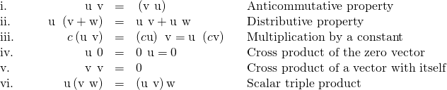 Rendered by QuickLaTeX.com \begin{array}{cccccccc}\text{i.}\hfill & & & \hfill \text{u}\phantom{\rule{0.2em}{0ex}}×\phantom{\rule{0.2em}{0ex}}\text{v}& =\hfill & \text{−}\left(\text{v}\phantom{\rule{0.2em}{0ex}}×\phantom{\rule{0.2em}{0ex}}\text{u}\right)\hfill & & \text{Anticommutative property}\hfill \\ \text{ii.}\hfill & & & \hfill \text{u}\phantom{\rule{0.2em}{0ex}}×\phantom{\rule{0.2em}{0ex}}\left(\text{v}+\text{w}\right)& =\hfill & \text{u}\phantom{\rule{0.2em}{0ex}}×\phantom{\rule{0.2em}{0ex}}\text{v}+\text{u}\phantom{\rule{0.2em}{0ex}}×\phantom{\rule{0.2em}{0ex}}\text{w}\hfill & & \text{Distributive property}\hfill \\ \text{iii.}\hfill & & & \hfill c\left(\text{u}\phantom{\rule{0.2em}{0ex}}×\phantom{\rule{0.2em}{0ex}}\text{v}\right)& =\hfill & \left(c\text{u}\right)\phantom{\rule{0.2em}{0ex}}×\phantom{\rule{0.2em}{0ex}}\text{v}=\text{u}\phantom{\rule{0.2em}{0ex}}×\phantom{\rule{0.2em}{0ex}}\left(c\text{v}\right)\hfill & & \text{Multiplication by a constant}\hfill \\ \text{iv.}\hfill & & & \hfill \text{u}\phantom{\rule{0.2em}{0ex}}×\phantom{\rule{0.2em}{0ex}}0& =\hfill & 0\phantom{\rule{0.2em}{0ex}}×\phantom{\rule{0.2em}{0ex}}\text{u}=0\hfill & & \text{Cross product of the zero vector}\hfill \\ \text{v.}\hfill & & & \hfill \text{v}\phantom{\rule{0.2em}{0ex}}×\phantom{\rule{0.2em}{0ex}}\text{v}& =\hfill & 0\hfill & & \text{Cross product of a vector with itself}\hfill \\ \text{vi.}\hfill & & & \hfill \text{u}·\left(\text{v}\phantom{\rule{0.2em}{0ex}}×\phantom{\rule{0.2em}{0ex}}\text{w}\right)& =\hfill & \left(\text{u}\phantom{\rule{0.2em}{0ex}}×\phantom{\rule{0.2em}{0ex}}\text{v}\right)·\text{w}\hfill & & \text{Scalar triple product}\hfill \end{array}