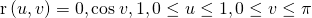 Rendered by QuickLaTeX.com \text{r}\left(u,v\right)=〈0,\text{cos}\phantom{\rule{0.2em}{0ex}}v,1〉,0\le u\le 1,0\le v\le \pi