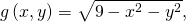 Rendered by QuickLaTeX.com g\left(x,y\right)=\sqrt{9-{x}^{2}-{y}^{2}},