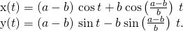 Rendered by QuickLaTeX.com \begin{array}{}\\ \\ x\left(t\right)=\left(a-b\right)\phantom{\rule{0.2em}{0ex}}\text{cos}\phantom{\rule{0.2em}{0ex}}t+b\phantom{\rule{0.2em}{0ex}}\text{cos}\left(\frac{a-b}{b}\right)\phantom{\rule{0.2em}{0ex}}t\hfill \\ y\left(t\right)=\left(a-b\right)\phantom{\rule{0.2em}{0ex}}\text{sin}\phantom{\rule{0.2em}{0ex}}t-b\phantom{\rule{0.2em}{0ex}}\text{sin}\left(\frac{a-b}{b}\right)\phantom{\rule{0.2em}{0ex}}t.\hfill \end{array}