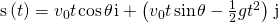 Rendered by QuickLaTeX.com \text{s}\left(t\right)={v}_{0}t\phantom{\rule{0.1em}{0ex}}\text{cos}\phantom{\rule{0.1em}{0ex}}\theta \phantom{\rule{0.1em}{0ex}}\text{i}+\left({v}_{0}t\phantom{\rule{0.1em}{0ex}}\text{sin}\phantom{\rule{0.1em}{0ex}}\theta -\frac{1}{2}g{t}^{2}\right)\phantom{\rule{0.1em}{0ex}}\text{j}